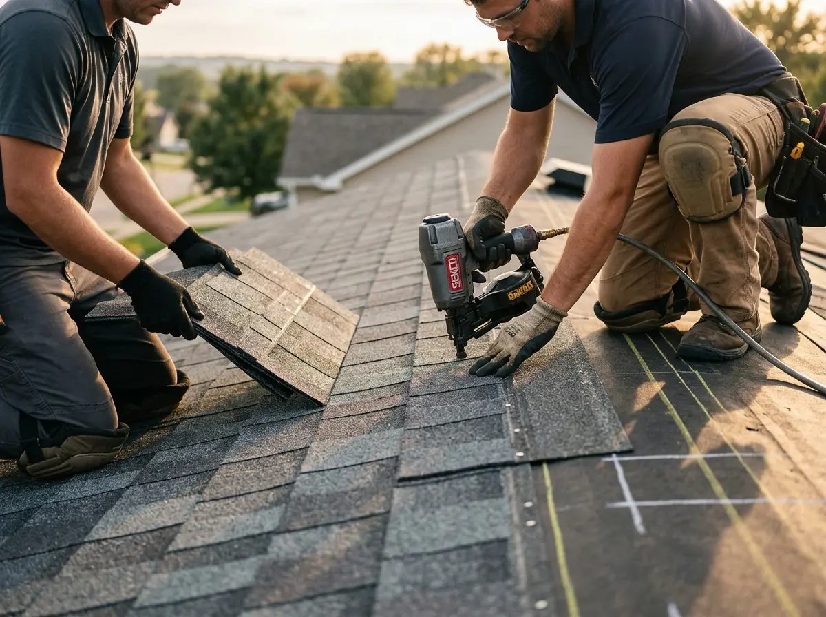 Professional roofer working on a residential roof in Merchantville